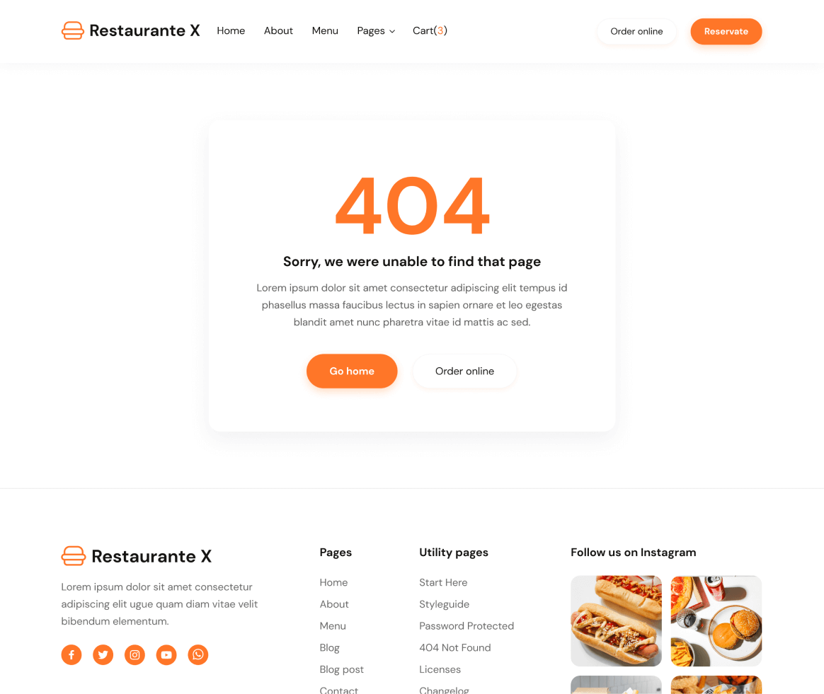Restaurante X - 404 not found page - Restaurant Webflow Template