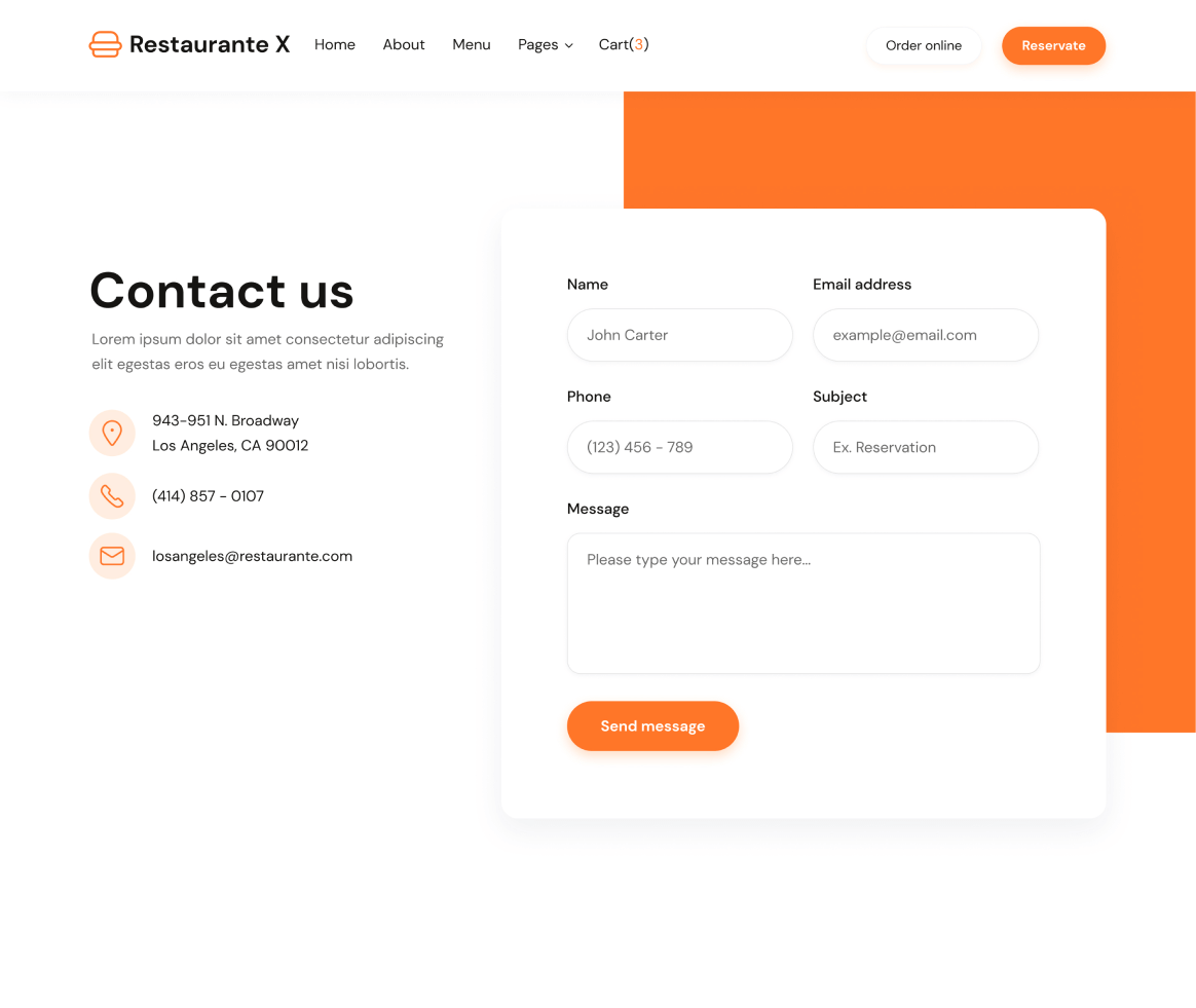 Restaurante X - Contact page - Restaurant Webflow Template