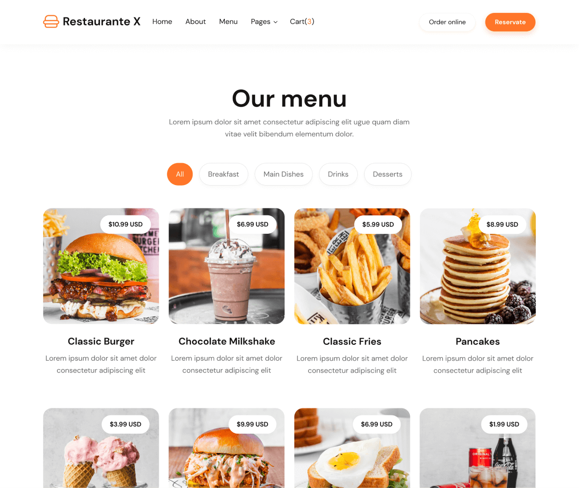 Restaurante X - Menu page - Restaurant Webflow Template
